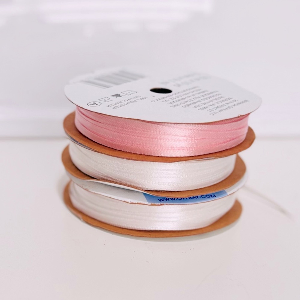 OFFRAY Set of 4 Rolls Satin Pink & White Thin Ribbon Spool 1/8”